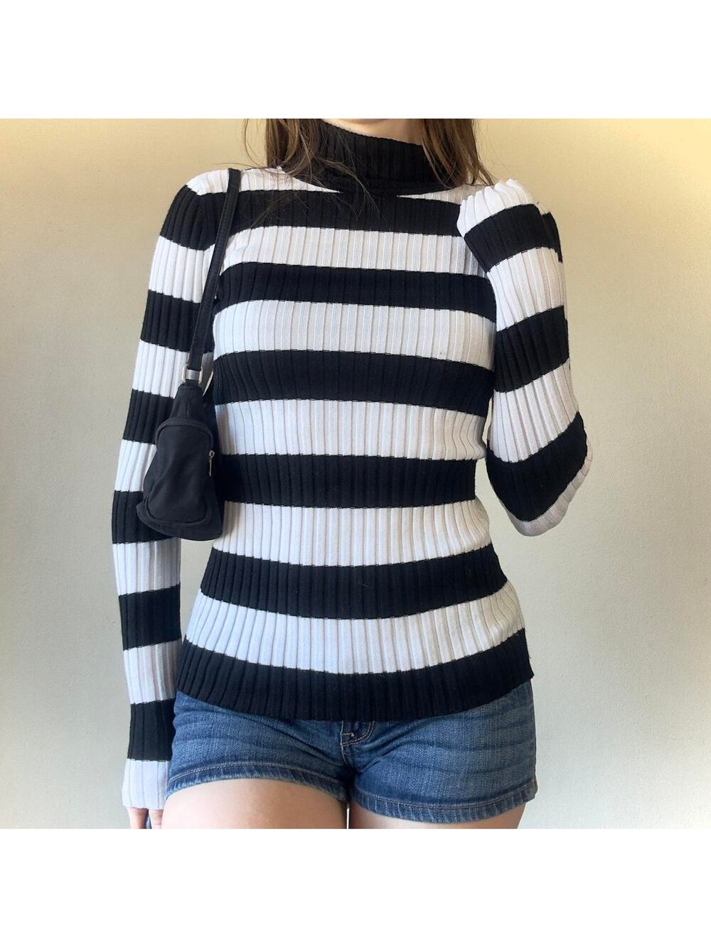 Y2K Style Black and White Striped Preppy Fitted Ribbed Turtleneck Sweater - Med